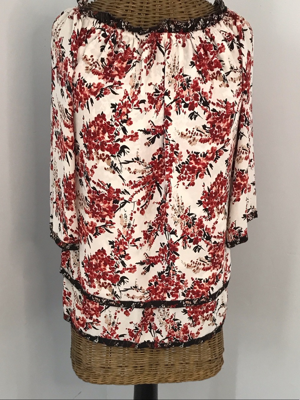 White House Black Market Cream Blouse with Red Floral Print